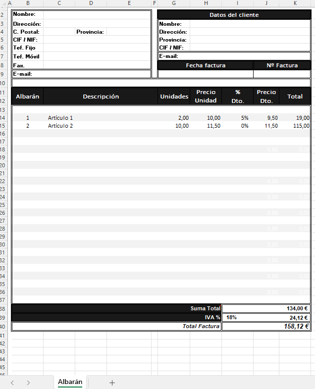 Modelo albarán Excel