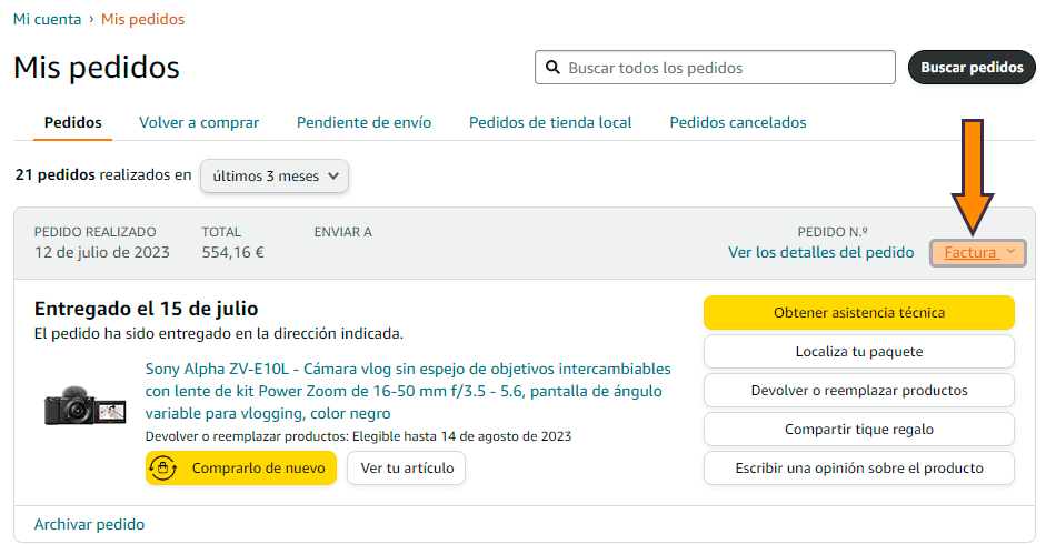 cómo solicitar factura en Amazon