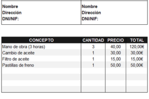 Plantilla de factura de taller mecánico: en Excel, Word y PDF con ejemplo e IVA