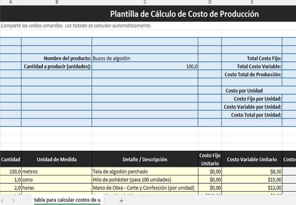 tabla en excel para calcular costos de un producto