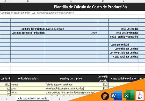tabla para calcular costos de un producto