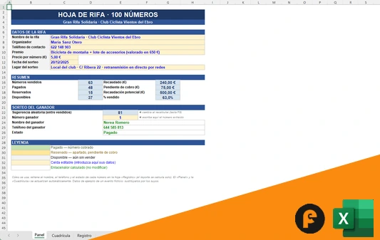 Rifa de 100 números en Excel