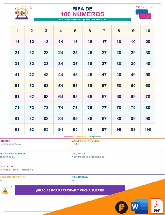 Plantilla hoja de rifa de 100 números para imprimir en Word y PDF